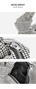 Close-up of sparkling silver rhinestone evening bag showing knotted handle and zipper detail