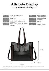 Detail view of black faux leather tote bag with 35x30x15cm size and 0.4kg weight specs