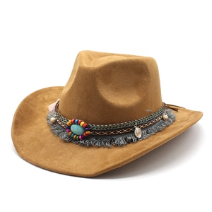 Brown faux suede western cowboy hat with colorful beaded band and turquoise stone detail