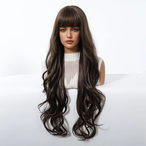 Detail of long wavy deep brown wig with bangs showing natural fiber texture and volume