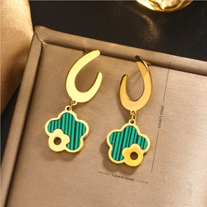 18K gold plated titanium earrings with shell heart and flower drop design and dimensions