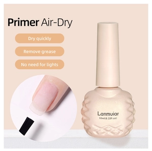 Macro detail of Lanmuiar 10ml nail primer bottle with embossed texture on light background