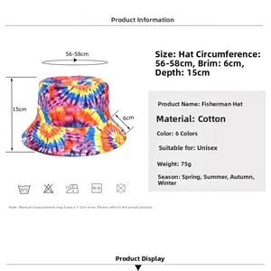 Unisex colorful rainbow tie-dye fisherman bucket hat for outdoor sun protection