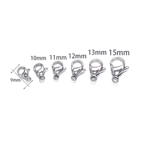 Size comparison of silver stainless steel lobster clasps in 9mm to 15mm for jewelry
