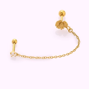 Detailed close-up of 316L stainless steel gold chain earring with daisy and zircon stud