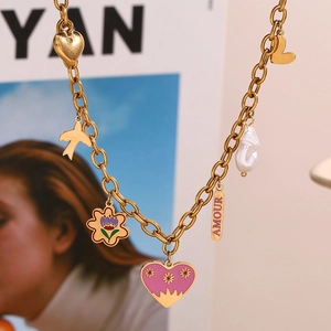 18K gold plated chunky chain necklace with pink enamel heart and pearl charms