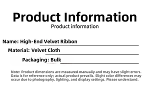 Detailed specification card for premium velvet Christmas ribbon decoration accessories