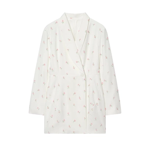 Blazer femme élégant blanc à manches longues avec imprimé floral rose et fermeture à bouton
