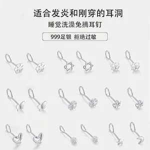 S999 Fine Silver Stud Earrings For Women Rhinestone Heart Clover Butterfly Snowflake Star Minimalist Hypoallergenic Earrings
