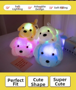 Detail of colorful glowing puppy plush toys in pink, yellow, white and blue with LED lights