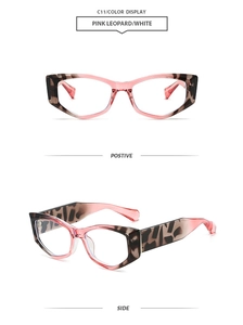 Close-up of pink leopard and white cat-eye sunglasses from front and side views