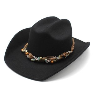 Classic black felt cowboy hat with bohemian beaded band and silver chain detail