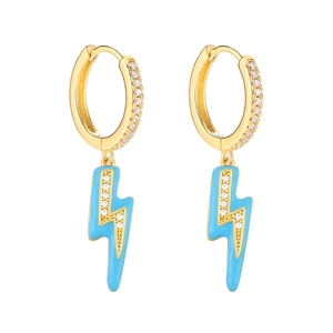 Close-up of golden lightning bolt hoop earrings with blue enamel and zircon stones
