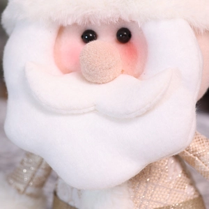 Close-up of Santa Claus plush with white beard and gold sequin fabric textures