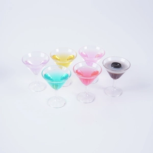 Set of six miniature resin cocktail martini glasses in various colors for dollhouse decor
