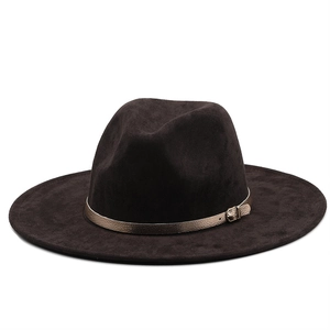 Classic dark brown suede fedora hat with golden decorative belt and metal buckle