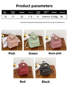 Detailed size chart and dimensions for the mini rivet PU leather backpack for women