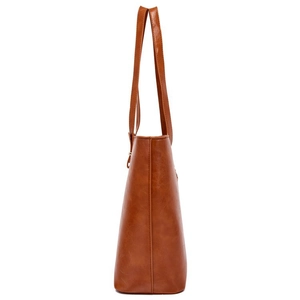 Detailed side view of a brown PU leather tote bag showing stitching and texture