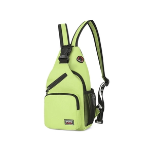 Detail of neon green oxford cloth chest bag showing sports tag and side mesh pocket