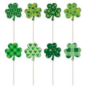 Set of 8 St. Patrick's Day clover picks for party vases with green shamrock patterns