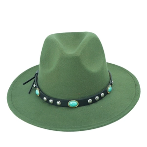 Detail of dark green felt fedora featuring leather band with turquoise and silver studs