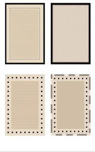 Detail of four French vintage beige rugs featuring black geometric patterns and borders