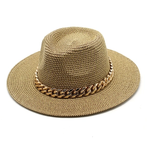 Classic khaki straw Panama hat with a stylish gold Cuban chain band for summer sun protection