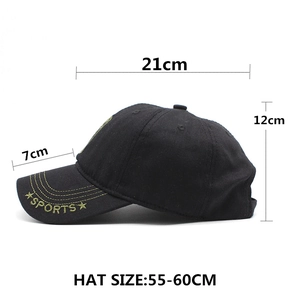 Berretto da baseball mimetico nero con ricamo SPORTS e misure dettagliate fornite