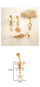 Detail view of gold butterfly belly ring with zircon inlays and precise size dimensions