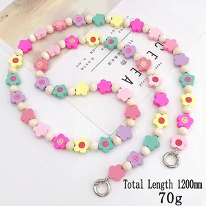 Crossbody phone strap with macaron flower wooden beads and silver metal rings