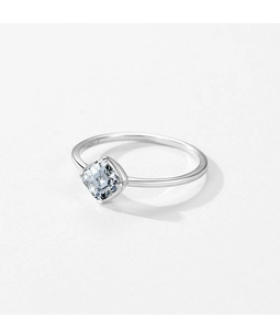 Detailed view of square-cut clear zircon stone set on a minimalist silver ring