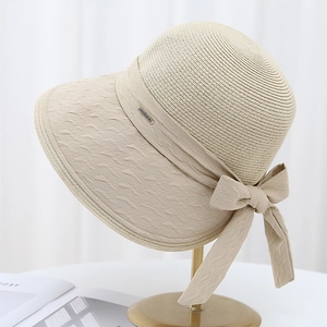 Elegant straw hat with back slit bow and wide embossed ribbon for sun protection