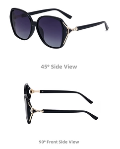 Détail des lunettes de soleil carrées polarisées avec verres dégradés violets et or