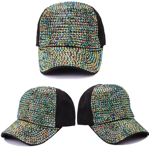 Three-angle views of women's black baseball cap with sparkling colorful AB rhinestones