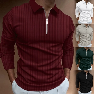 Detailed close-up of men's striped polo shirt featuring zipper neck and multiple colors