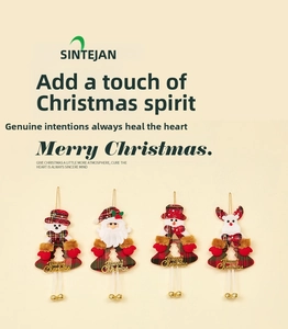 Close-up of four Christmas plush dolls featuring red plaid hats and golden Merry Christmas signs