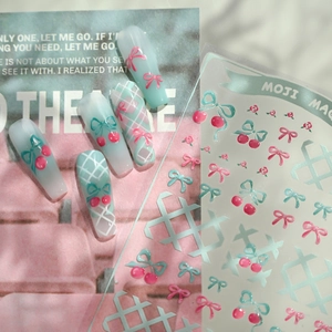Sweet mint green gradient press-on nails with 3D cherry and bow-knot stickers