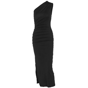 Detail of one-shoulder black slim dress featuring elegant side ruching and a high slit