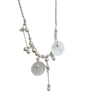 Elegant multi-layer shell pearl tassel necklace with silver chain and white beads