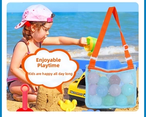 Large capacity blue mesh beach bag with orange adjustable straps for toy storage