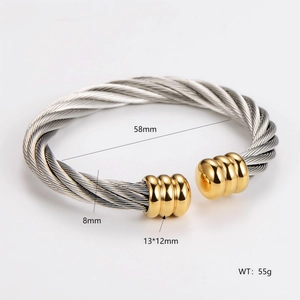 Detailed specs of two-tone stainless steel cable bangle with 58mm inner diameter and 55g weight