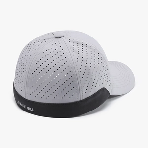Breathable gray quick-dry baseball cap with laser-cut holes and contrast black trim