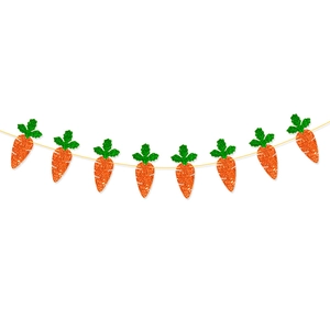 Detail of glitter orange carrot banners for Easter party backdrop decorations