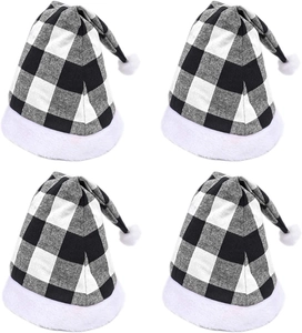 Detail of 4-pack black and white plaid Christmas hats with plush white pom poms and trim