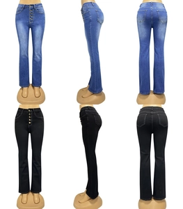 Detail view of high waist flared jeans with five-button fly in blue and black colors