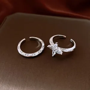 Silver flower open ring set with zircon stones and minimalist band in luxury style