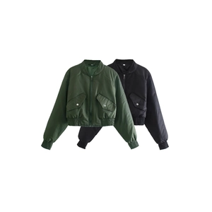 Short cargo bomber jacket for women in olive green and black colors with large flap pockets