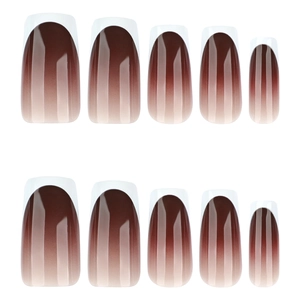 Brown gradient press-on nails with white French tips in long coffin shape design