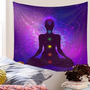 Detailed view of a purple chakra meditation tapestry in a cozy bedroom setting