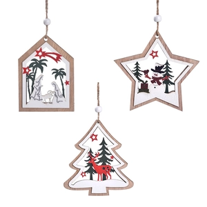 Three wooden Christmas ornaments in star, house, and tree shapes with festive patterns